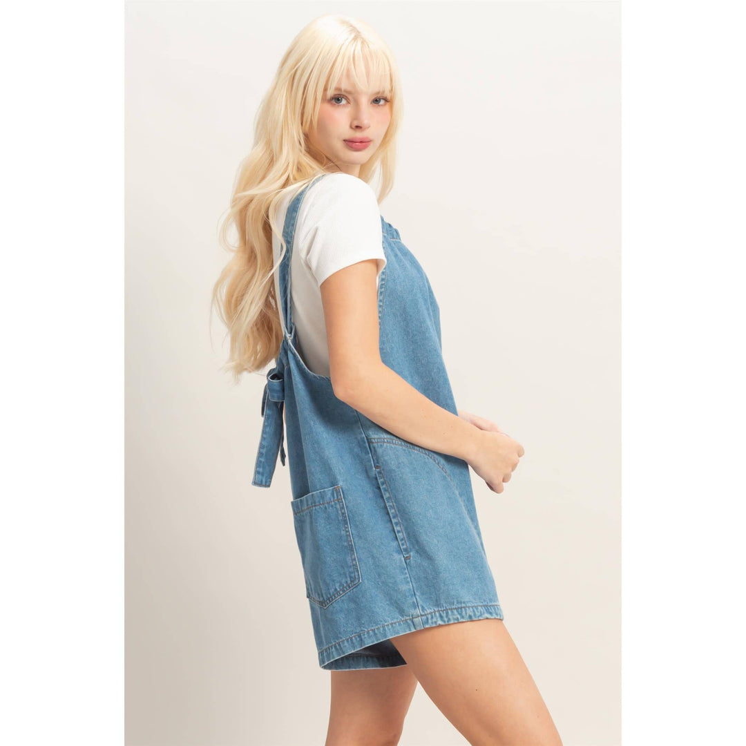 Denim Romper With Gathered Neck