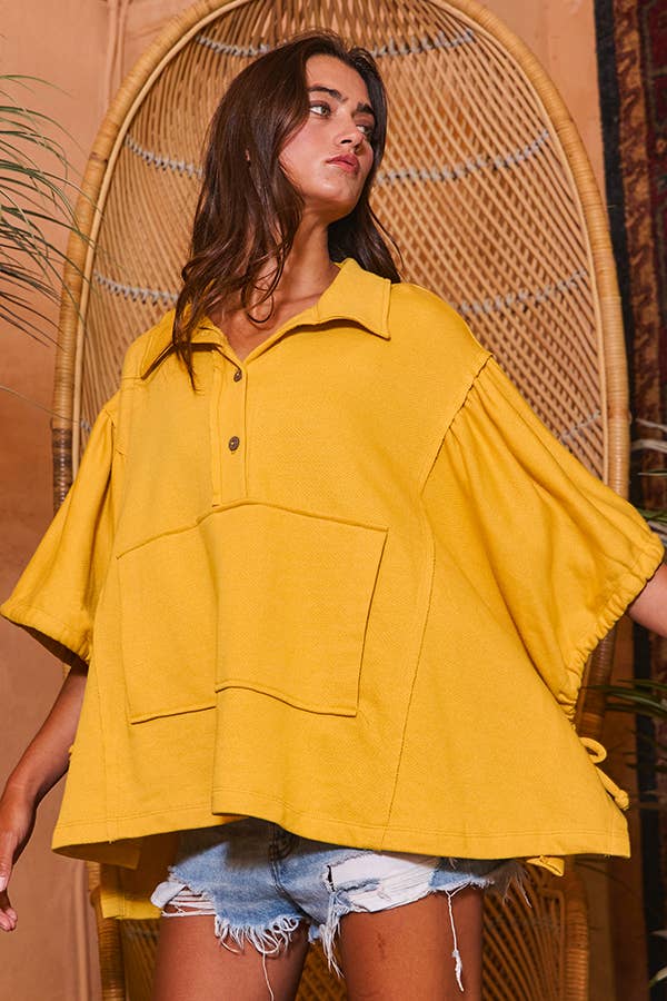 Women's Short Sleeve - Gray Oversized Drawstring Tie Sleeves Detail Solid Top - - Cultured Cloths Apparel