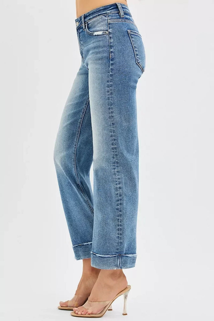 Denim - RISEN Full Size Mid Rise Crop Straight Jeans with Taylor Cuffed Plus Size - - Cultured Cloths Apparel