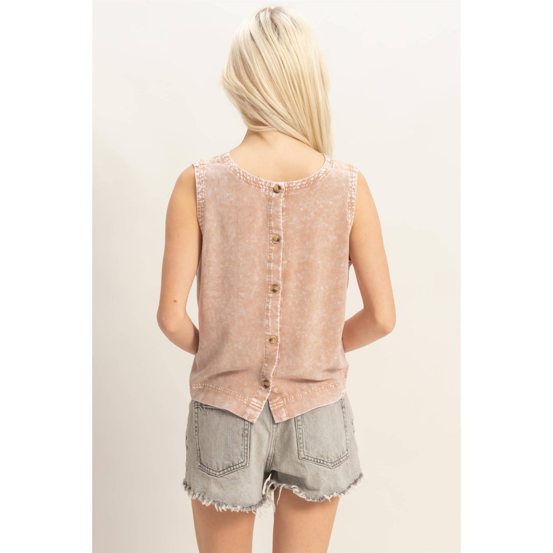 Women's Sleeveless - Pink Mineral Wash Button Back Sleeveless Top - - Cultured Cloths Apparel
