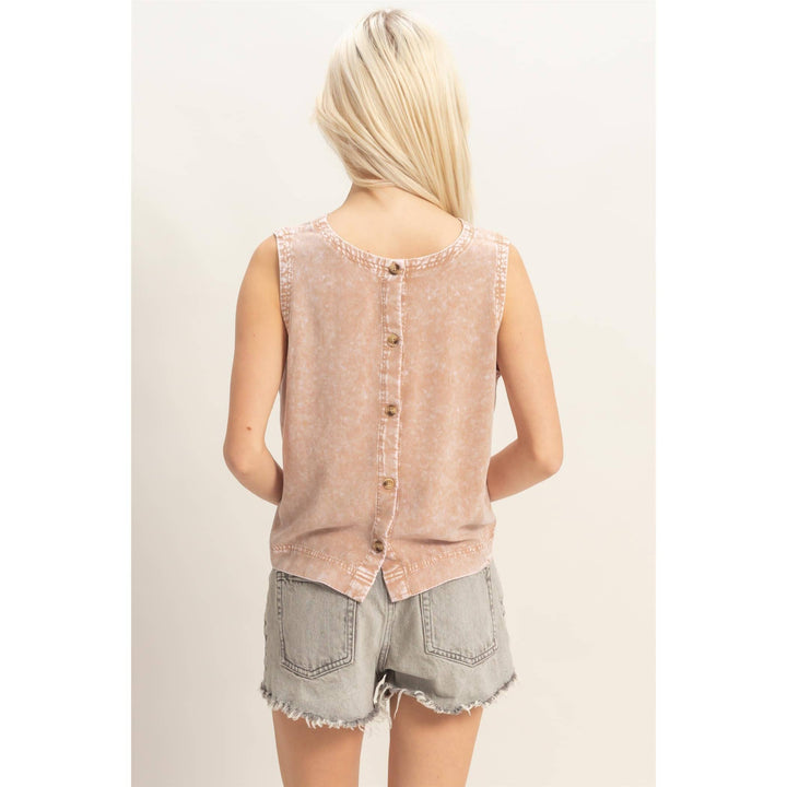 Women's Sleeveless - Pink Mineral Wash Button Back Sleeveless Top - - Cultured Cloths Apparel