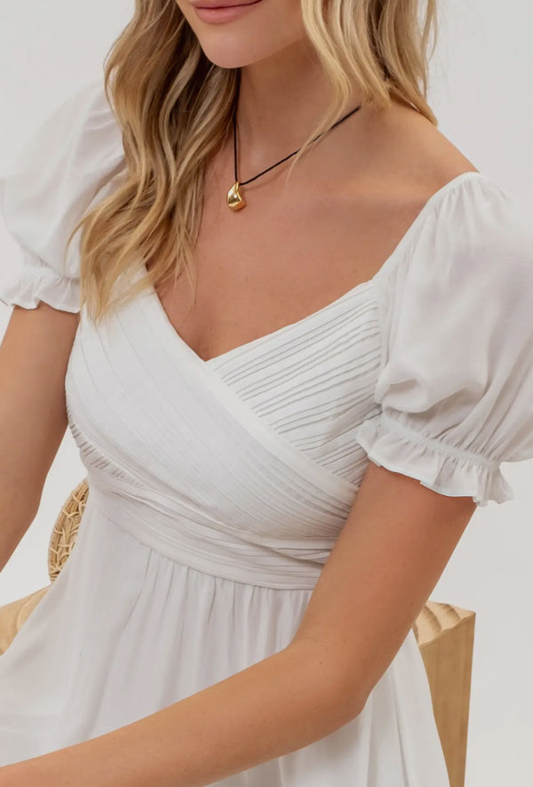 Women's Dresses - Pleated Wrap Puff Sleeve Tie Mini Dress - White - Cultured Cloths Apparel