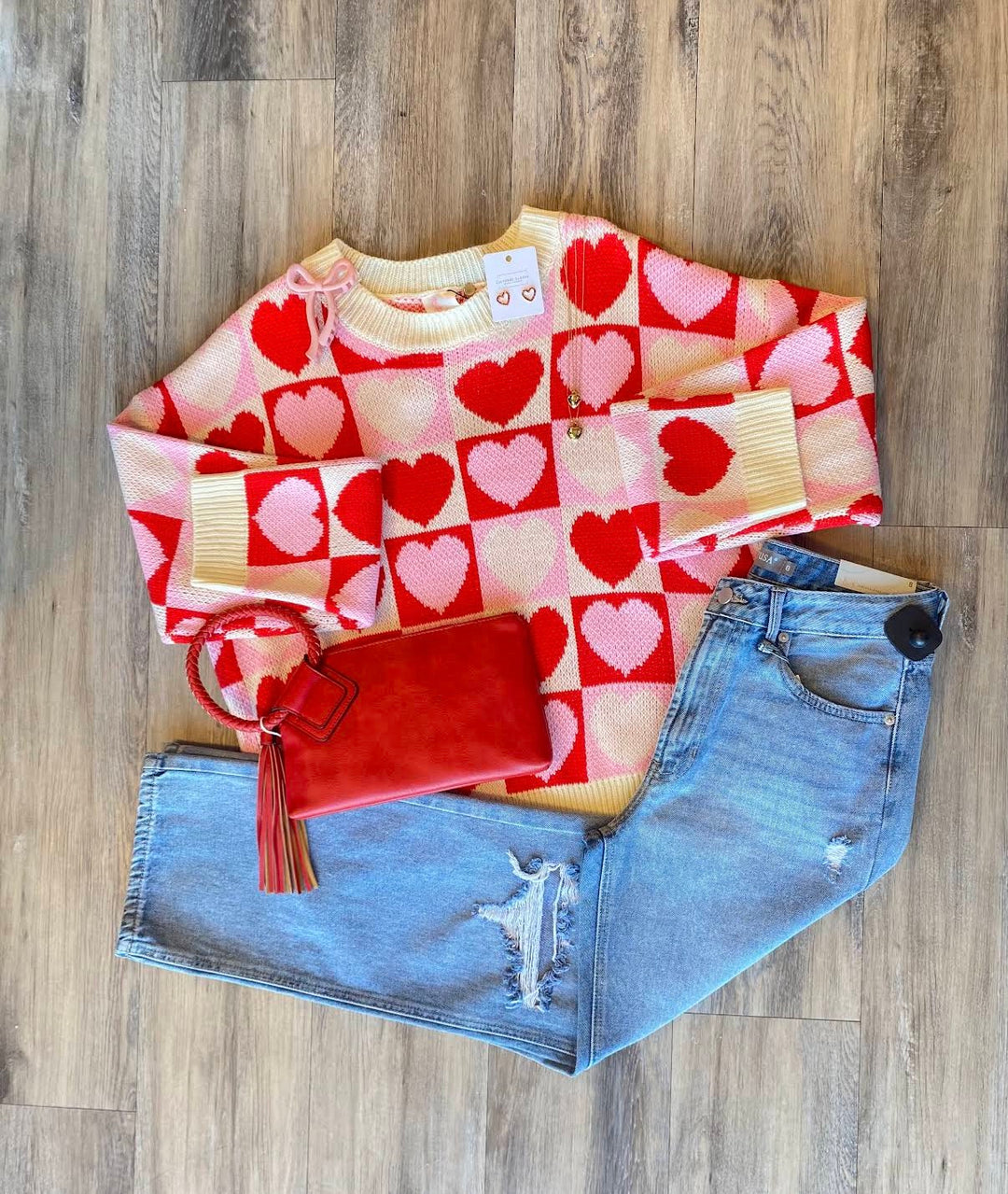 Women's Sweaters - Multi Colored Checkered Heart Valentine Sweater Top - - Cultured Cloths Apparel