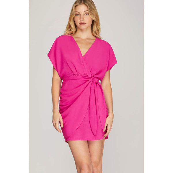Women's Dresses - Dolman Sleeve Side Tie Dress - Hot Pink - Cultured Cloths Apparel
