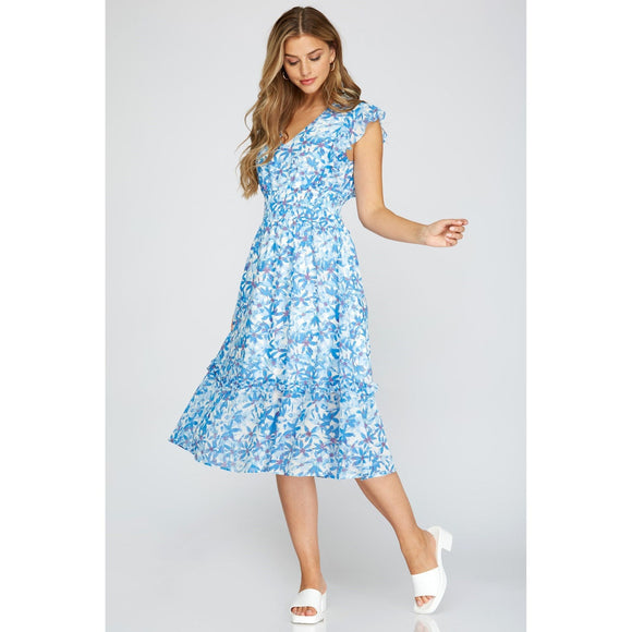 Women's Dresses - Ruffled Sleeve Printed Woven Midi Dress - Blue - Cultured Cloths Apparel
