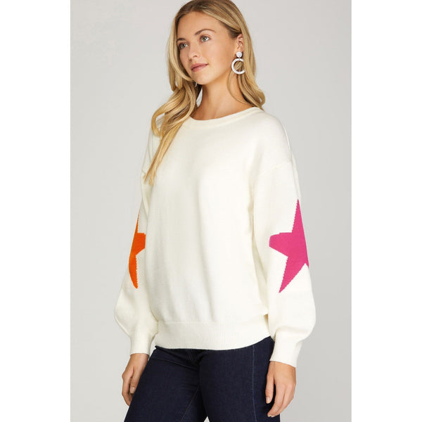Women's Sweaters - Long Sleeve Star Sleeve Patterned Top -  - Cultured Cloths Apparel