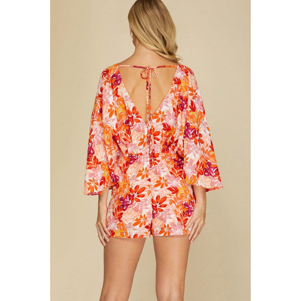 Women's Rompers - Kimono Sleeve Floral Woven Romper -  - Cultured Cloths Apparel