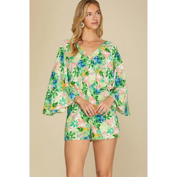Women's Rompers - Kimono Sleeve Floral Woven Romper - Green - Cultured Cloths Apparel