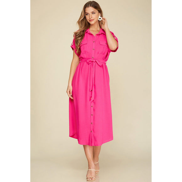 Women's Dresses - Drop Shoulder Button Down Dress - Hot Pink - Cultured Cloths Apparel