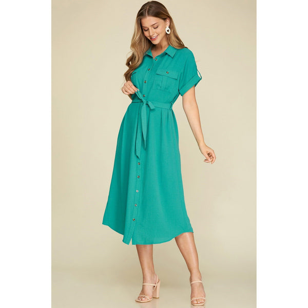 Women's Dresses - Drop Shoulder Button Down Dress - Emerald - Cultured Cloths Apparel