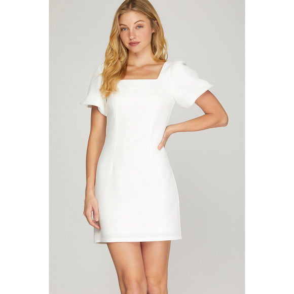 Women's Dresses - Square Neck Puff Sleeve Mini Dress - Off White - Cultured Cloths Apparel