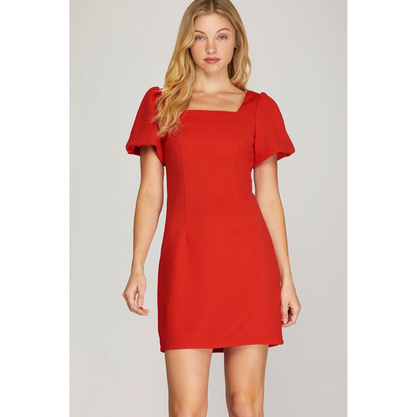 Women's Dresses - Square Neck Puff Sleeve Mini Dress - Red - Cultured Cloths Apparel
