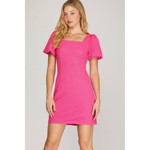 Women's Dresses - Square Neck Puff Sleeve Mini Dress - Pink - Cultured Cloths Apparel