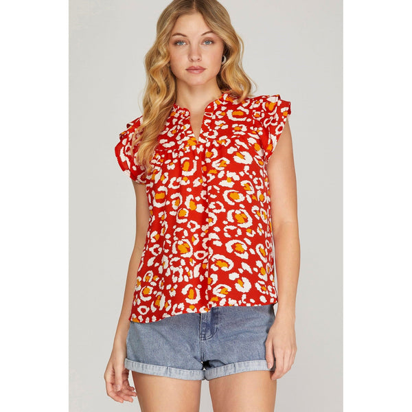 Women's Short Sleeve - Butterfly Sleeve Woven Print Top - Red - Cultured Cloths Apparel