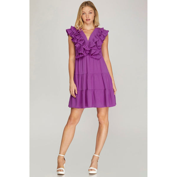 Women's Dresses - Best Dressed Sleeveless Pleated Ruffle Tiered Dress - Purple - Cultured Cloths Apparel