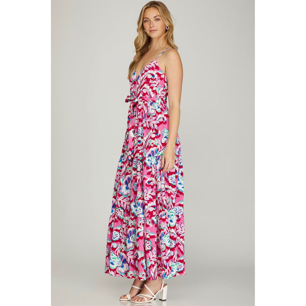 Women's Dresses - Surplice Cami Print Tiered Maxi Dress - Pink/Fuchsia - Cultured Cloths Apparel