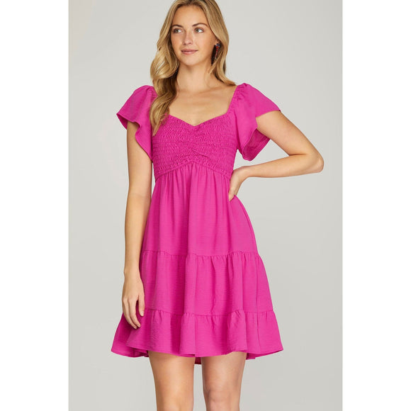 Women's Dresses - Flutter Sleeve Smock Tiered Woven Dress - Hot Pink - Cultured Cloths Apparel