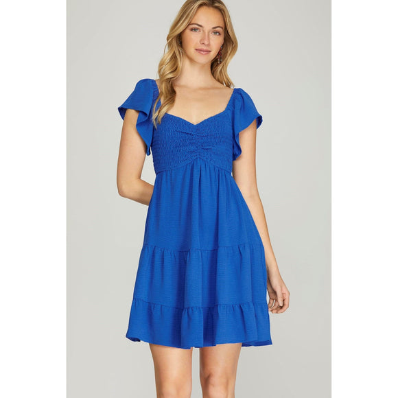 Women's Dresses - Flutter Sleeve Smock Tiered Woven Dress - Cobalt Blue - Cultured Cloths Apparel
