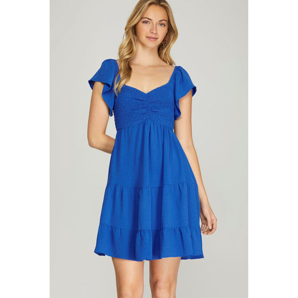 Women's Dresses - Flutter Sleeve Smock Tiered Woven Dress - Cobalt Blue - Cultured Cloths Apparel