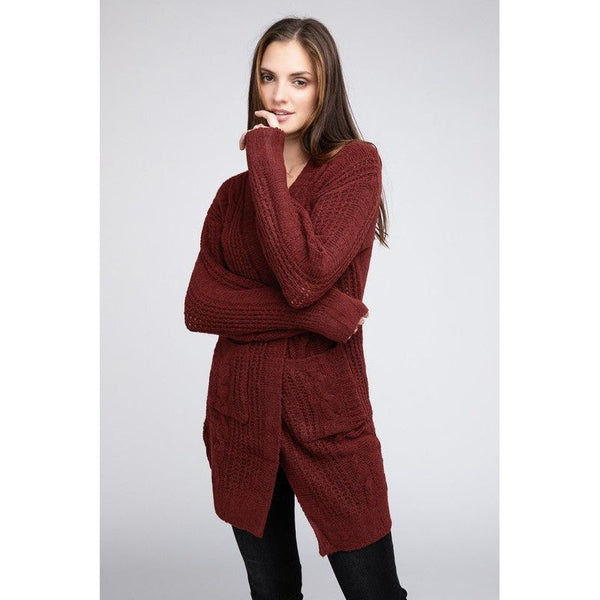 Outerwear - Twist Knitted Open Front Cardigan With Pockets - MARSALA - Cultured Cloths Apparel