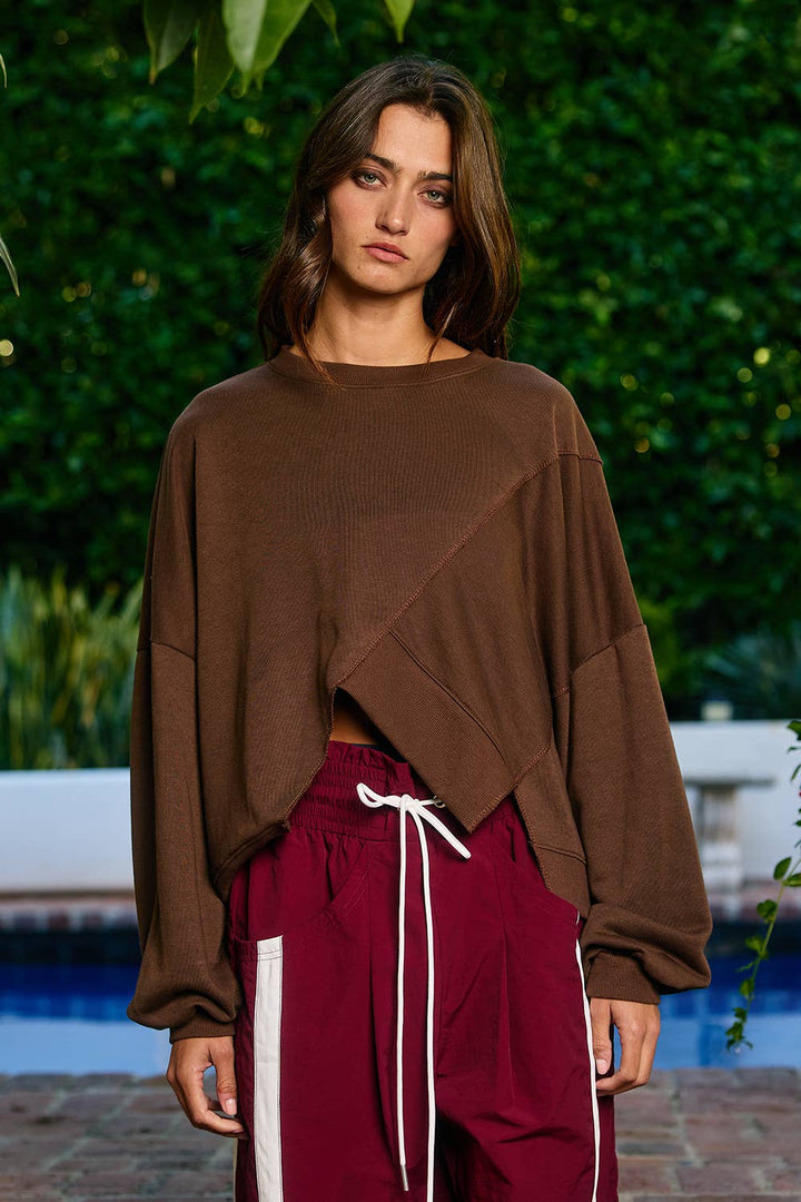 Women's Long Sleeve - Asymmetric Hem Solid Terry Sweatshirt Top - - Cultured Cloths Apparel