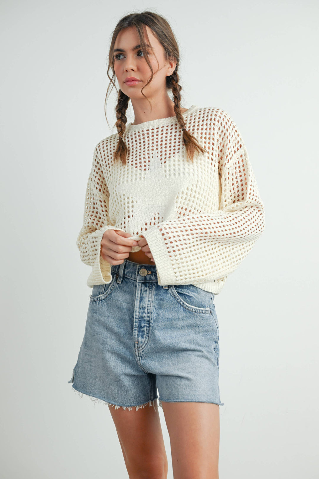 Women's Sweaters - Star Crew Neck Crochet Sweater - - Cultured Cloths Apparel