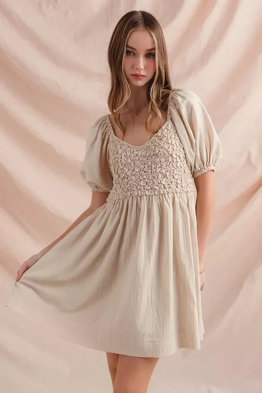 Women's Dresses - SO ME Textured Woven Daily Dress with Puff Sleeves - - Cultured Cloths Apparel