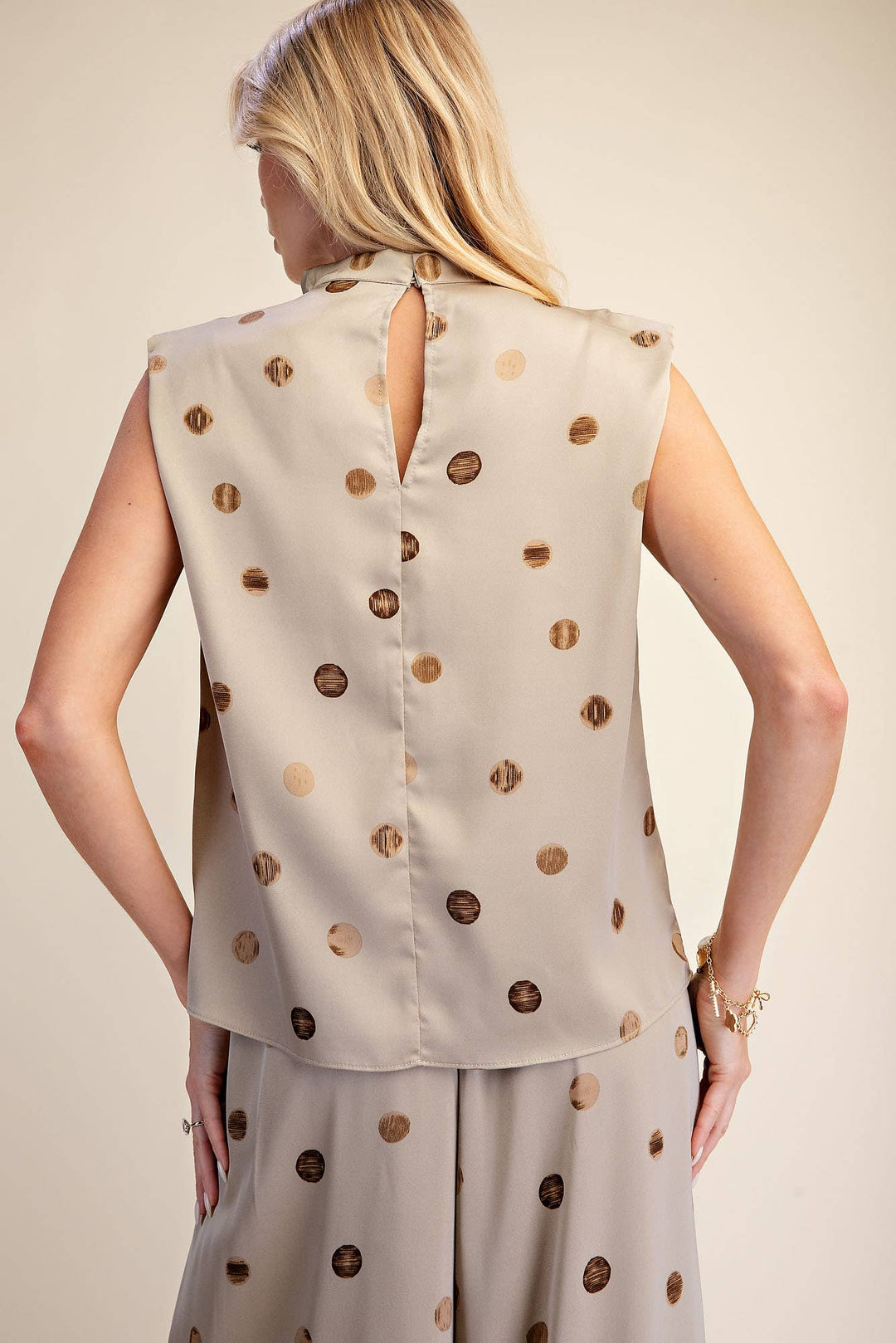 Cowl Mock Neck Pleats Shoulder Sleeveless Top Polka Dot