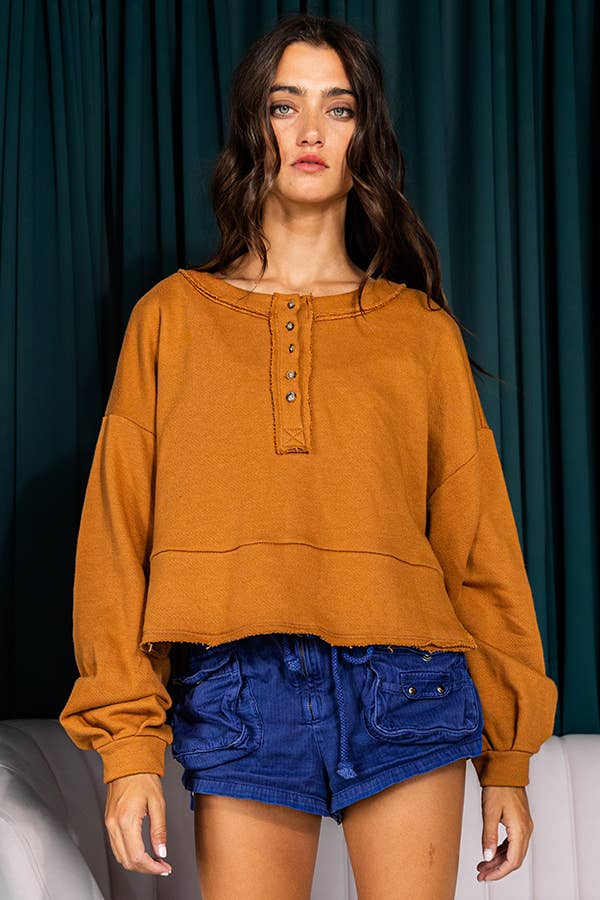 Lantern Sleeve Button-up French Terry Crop Top