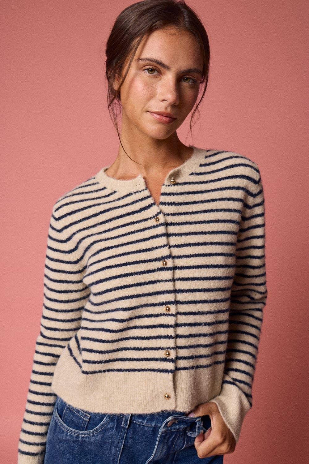 Women's Sweaters - Striped Button-Up Knit Cardigan - Taupe/Black - Cultured Cloths Apparel