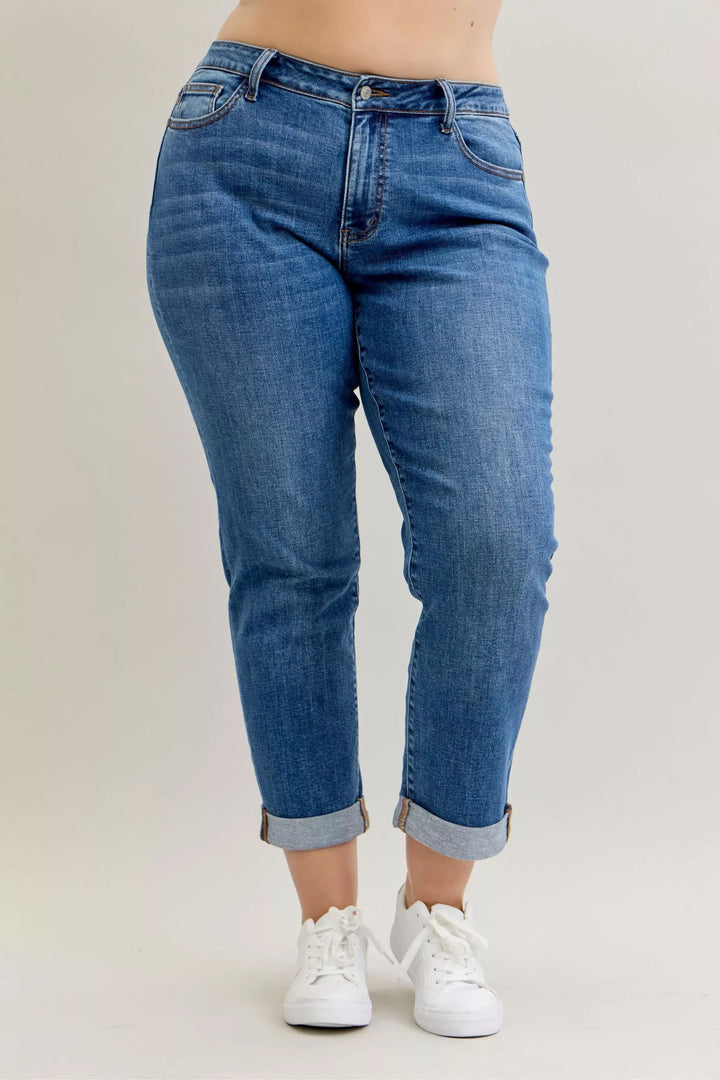 Denim - Judy Blue Full Size Mid Rise BF Classic Cuffed Jeans Plus Size - - Cultured Cloths Apparel