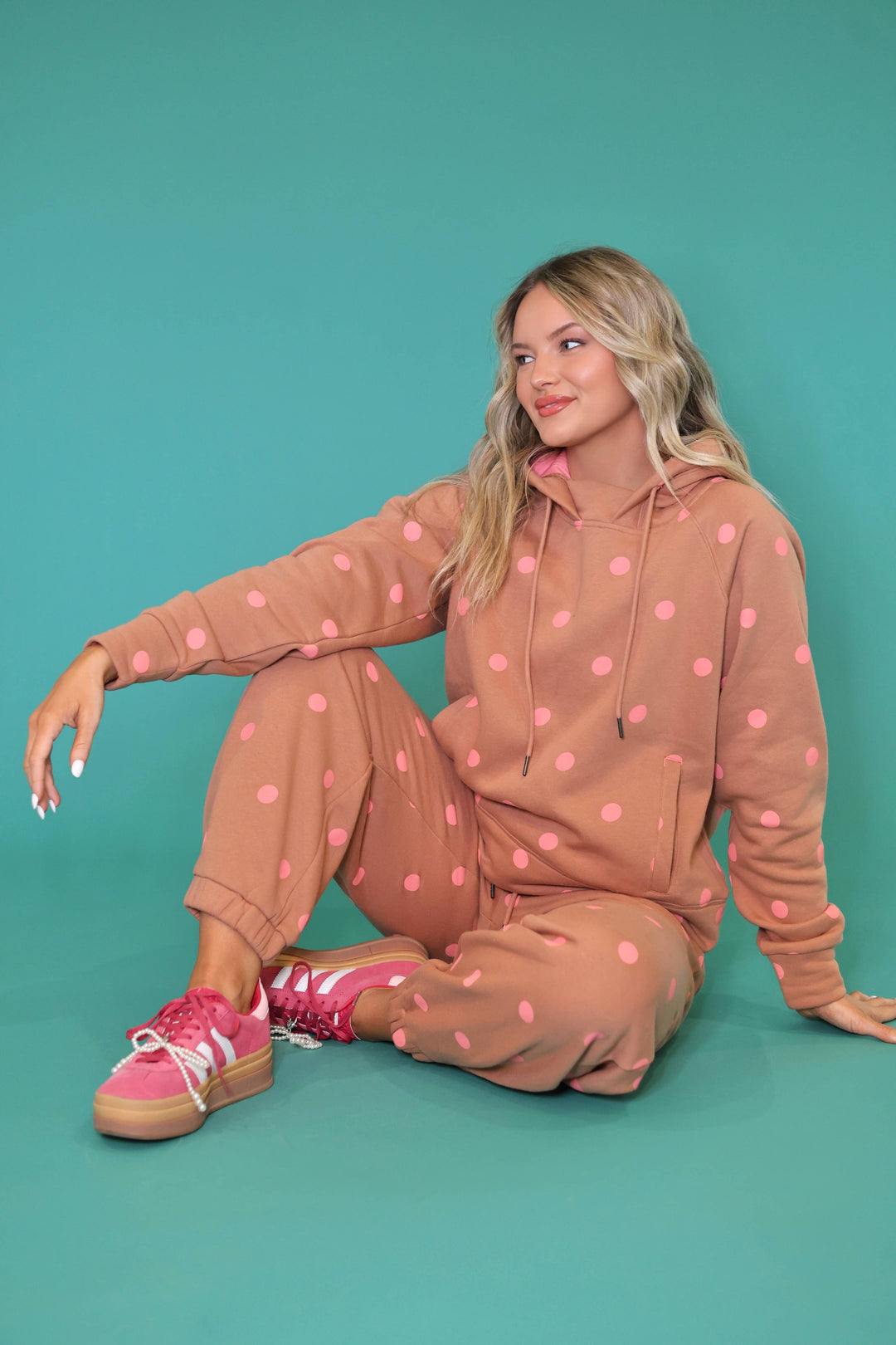 Brown Pink Polka Dot Sweatsuit Set - Hoodie & Sweatpants