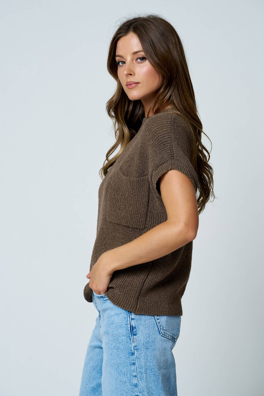 POCKET DETAIL DROP SHOULDER SHORT SLEEVE SWEATER