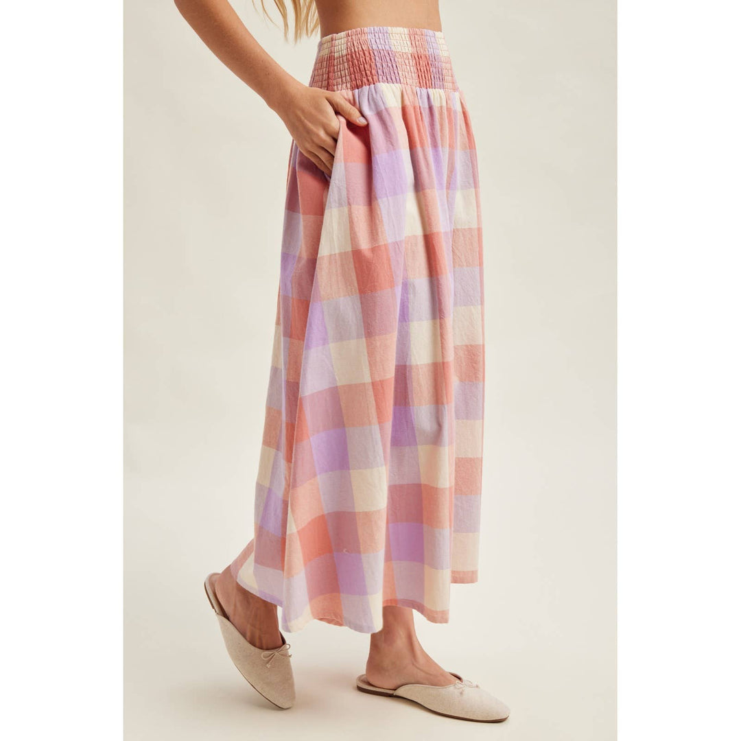 SMOCKED WAIST PLAID TIERED MIDI SKIRT