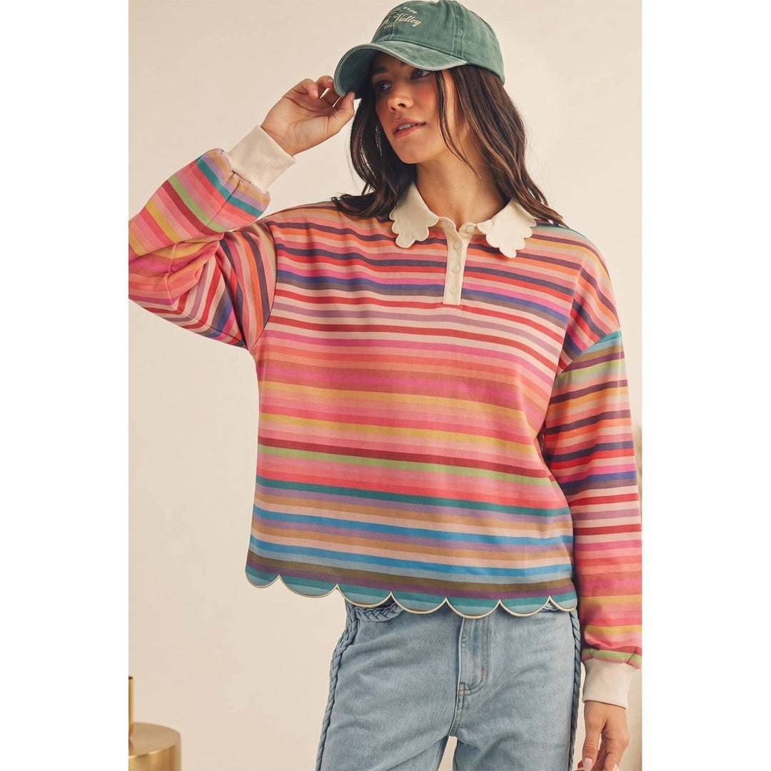 Celestine Whimsical Stripe Collared Scalloped Top