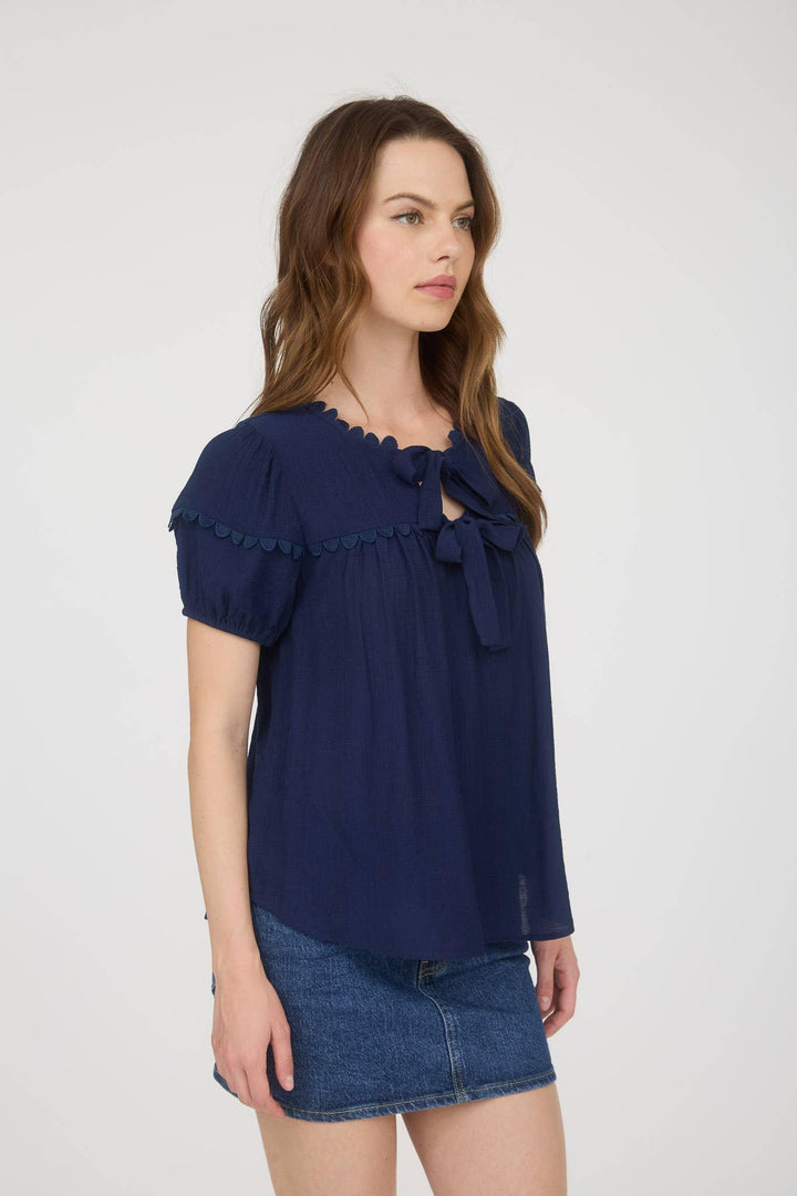 Women's Short Sleeve - SCALLOP TRIM FRONT TIE DETAIL PUFF SLEEVE TOP - - Cultured Cloths Apparel
