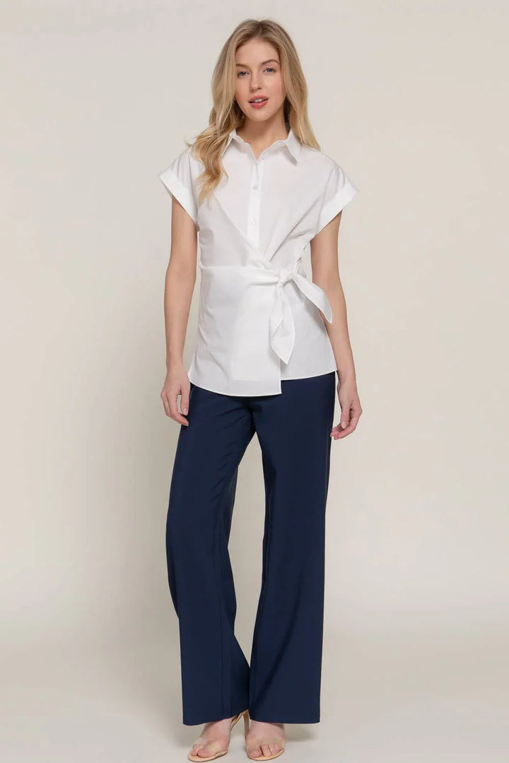 Women's Short Sleeve - Short Dolman Sleeve Button Down Side Knot Poplin Shirt - - Cultured Cloths Apparel