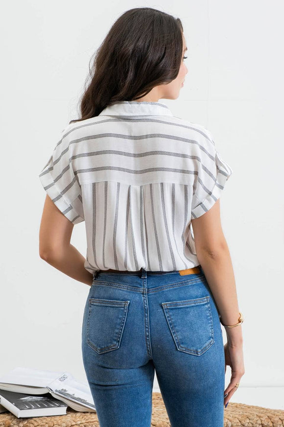 Women's Short Sleeve - STRIPED ROLL UP SLEEVE TOP - IVORY - Cultured Cloths Apparel