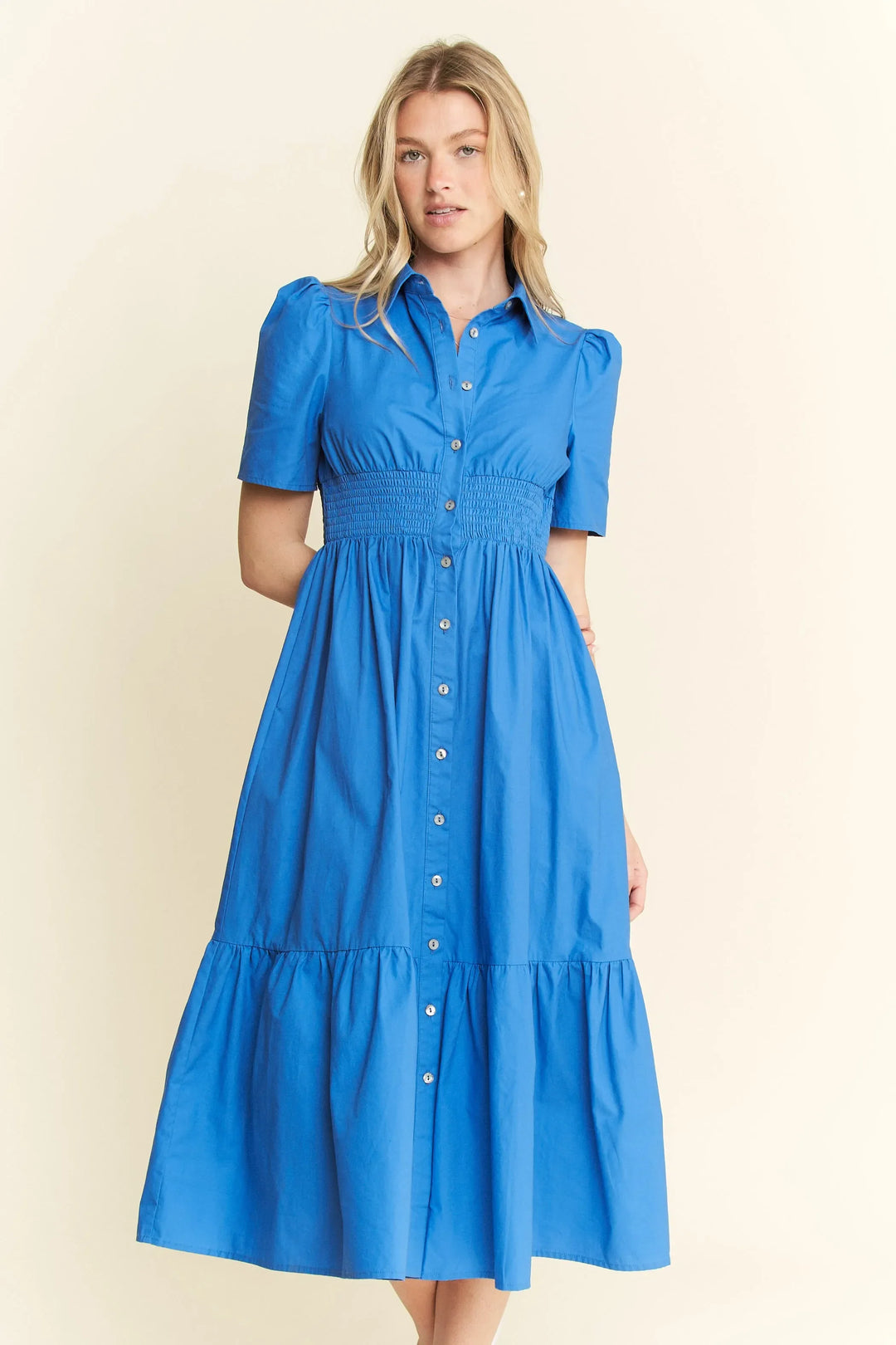 Women's Dresses - Jade By Jane Short Sleeve Button Down Midi Dress - BLUE - Cultured Cloths Apparel