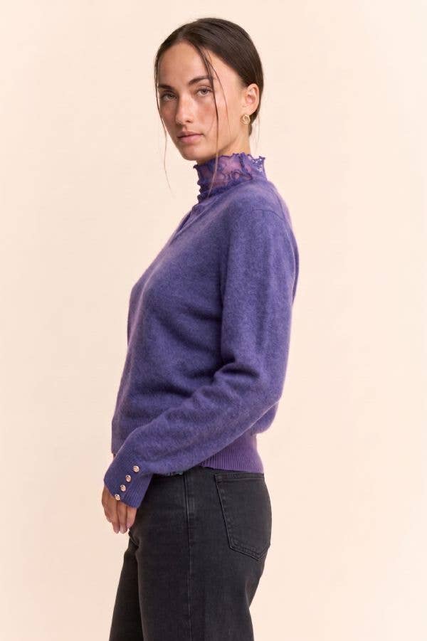 Lace High-Neck Layered V-Neck Sweater