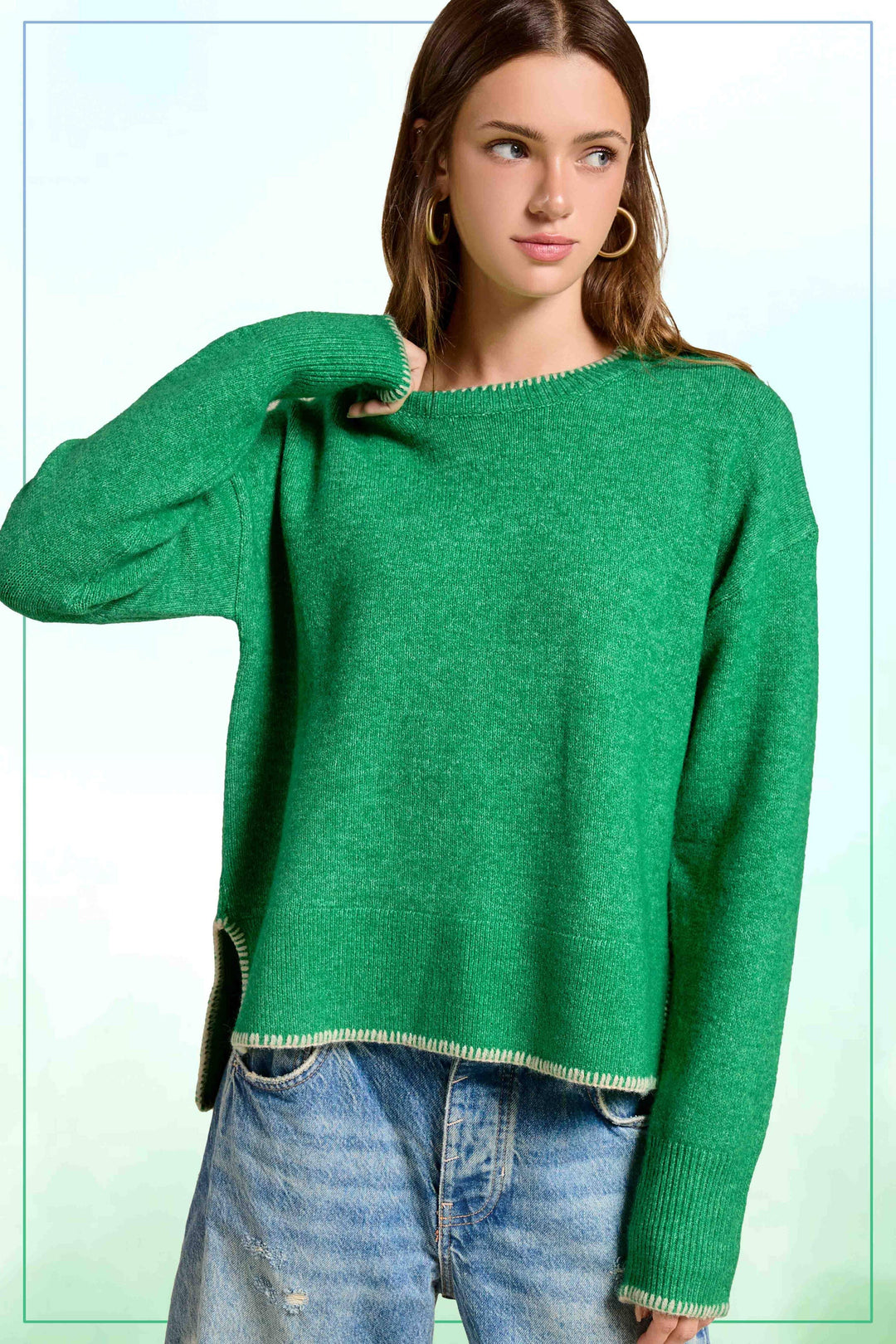 Hi-Low Crew Neck Sweater W/ Contrast Blanket Stitch