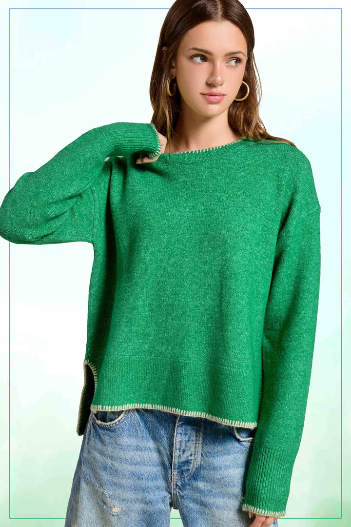 Hi-Low Crew Neck Sweater W/ Contrast Blanket Stitch