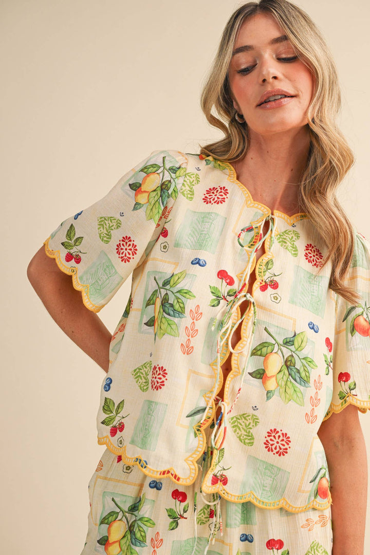 Romper - FRUIT PRINT EMBROIDERED SCALLOP TOP AND SHORTS SET - - Cultured Cloths Apparel