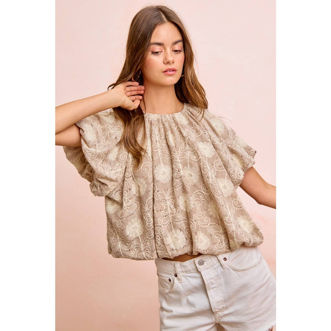 Women's Short Sleeve - FLOWER EMBROIDERED SHIRRED NECKLINE BUBBLE HEM TOP - - Cultured Cloths Apparel
