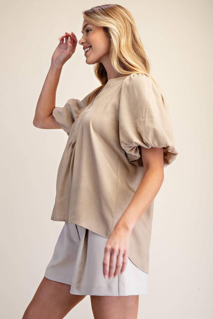 - V-Neck Placket Balloon Sleeve Top - - Cultured Cloths Apparel