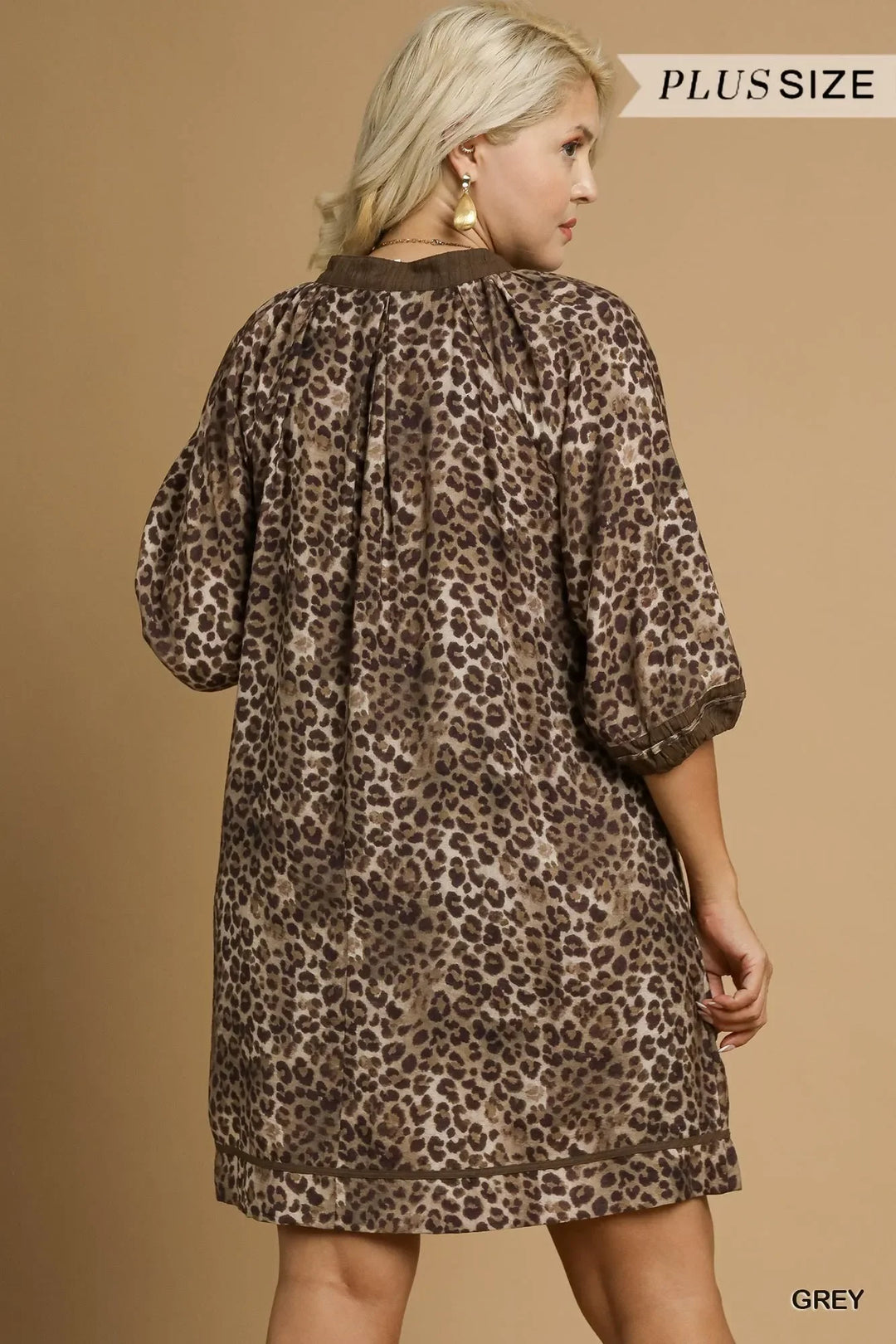 Women's Dresses - Umgee Full Size Leopard Print Mini Dress with Contrast Trim Plus Size - - Cultured Cloths Apparel