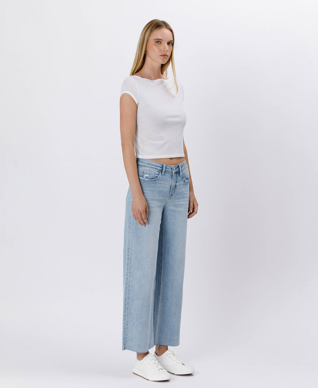 Denim - HIGH RISE LIGHT WASH RAW HEM WIDE LEG JEANS - - Cultured Cloths Apparel