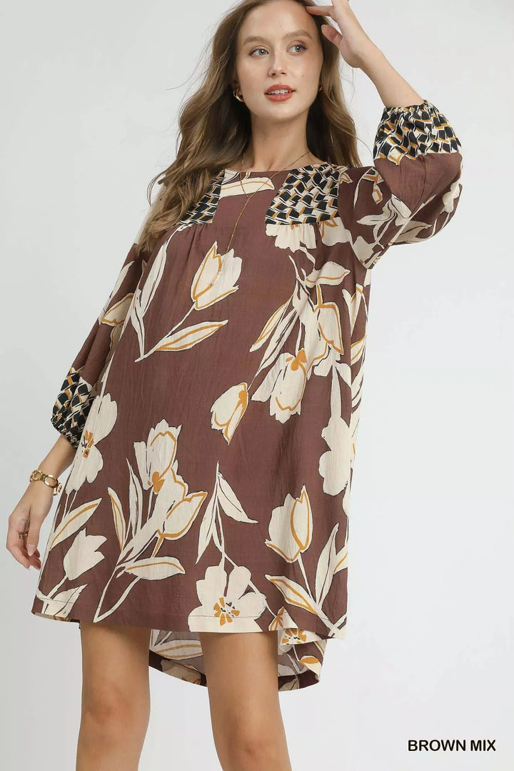 Women's Dresses - Umgee Floral High-Low Babydoll Dress - BROWN MIX - Cultured Cloths Apparel
