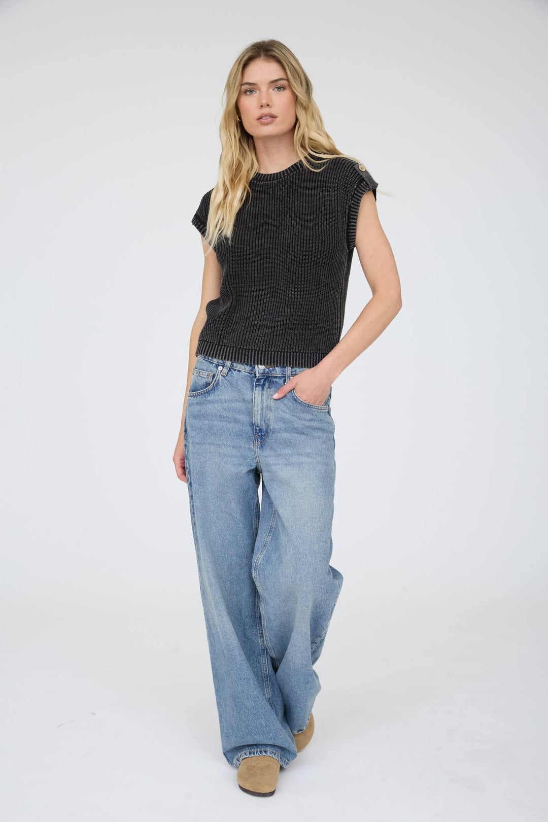 Women's Short Sleeve - ACID WASHED TAB SLEEVE BACK BUTTON KNIT TOP: CHARCOAL - - Cultured Cloths Apparel
