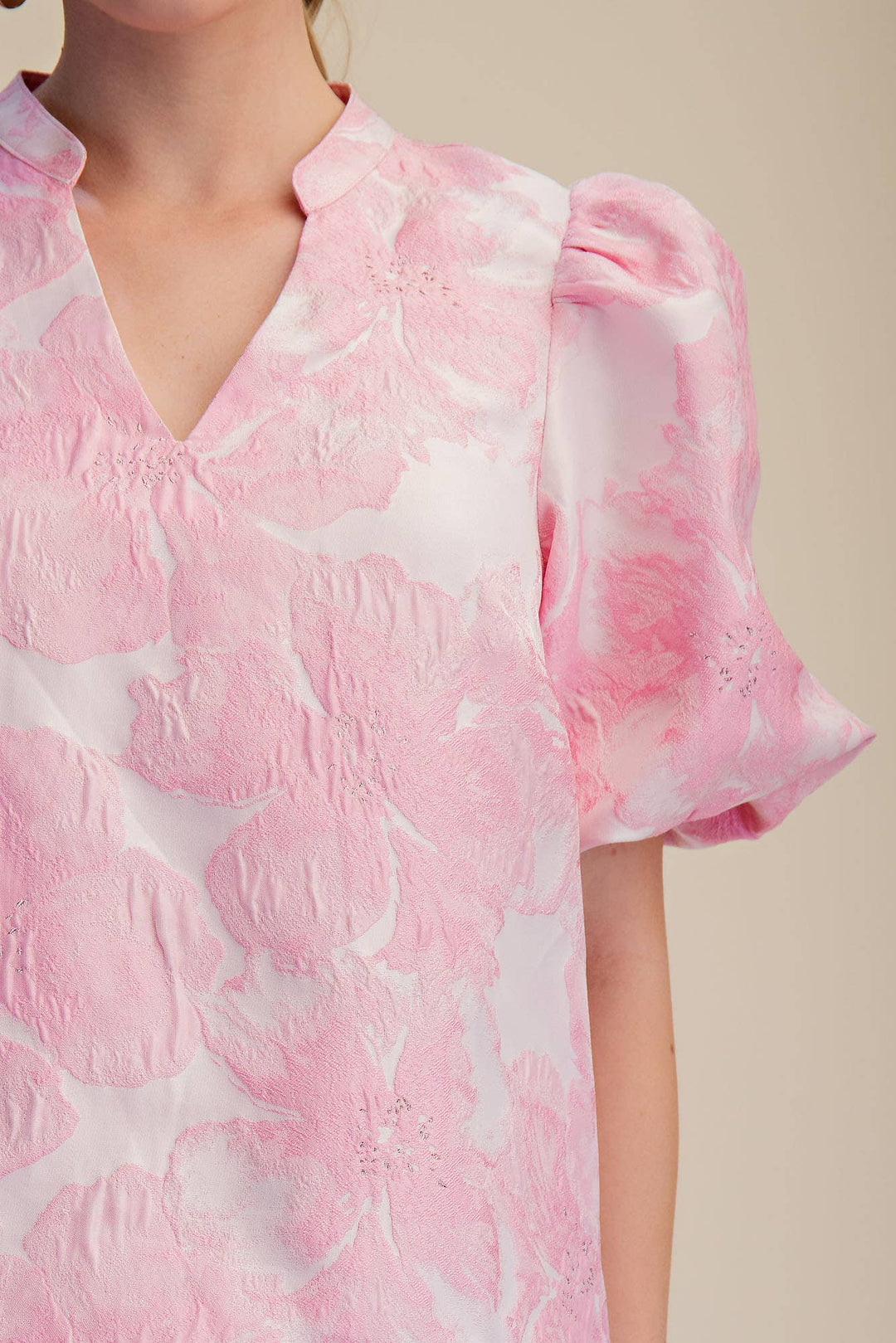 Women's Short Sleeve - V-Neck Puff Sleeve Jacquard Top - - Cultured Cloths Apparel